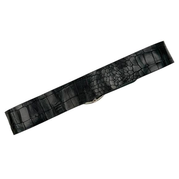 Orciani Croc Embossed Black Leather Belt Silver Buckle Made in Italy 75 US XS/2
